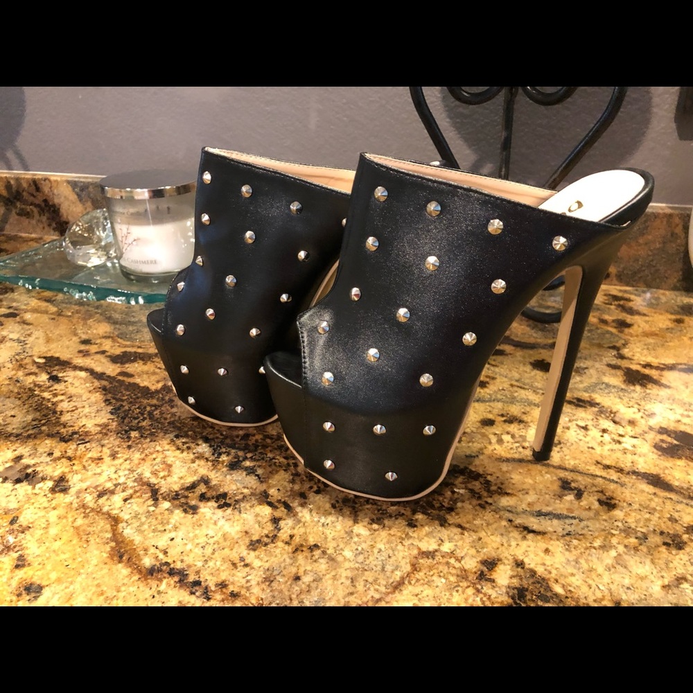 Slip on Stiletto Heels by DiJi Girl. Black with gold spikes.